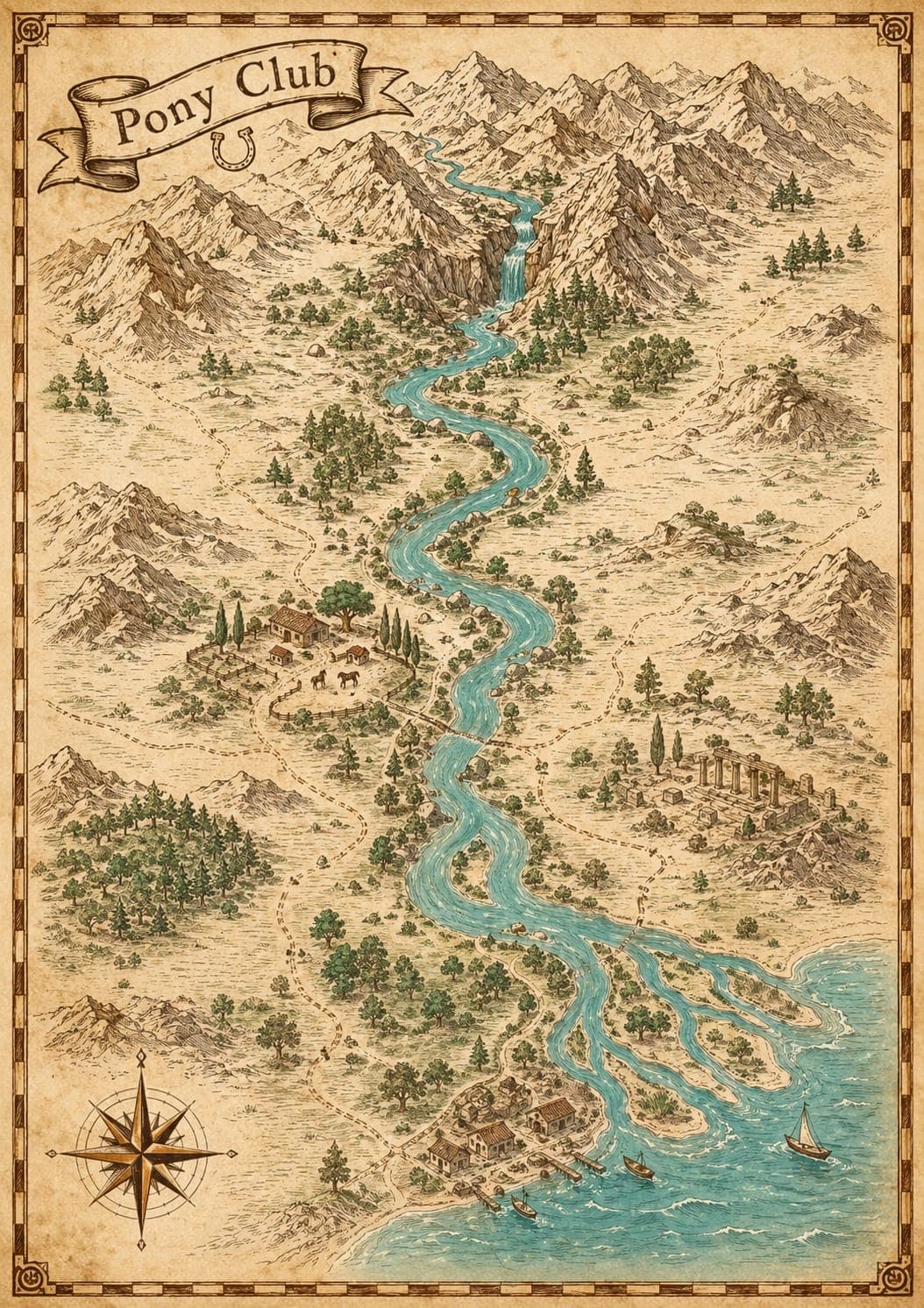 Illustrated adventure map of the Acheron River valley from the mountain source to the Ammoudia delta