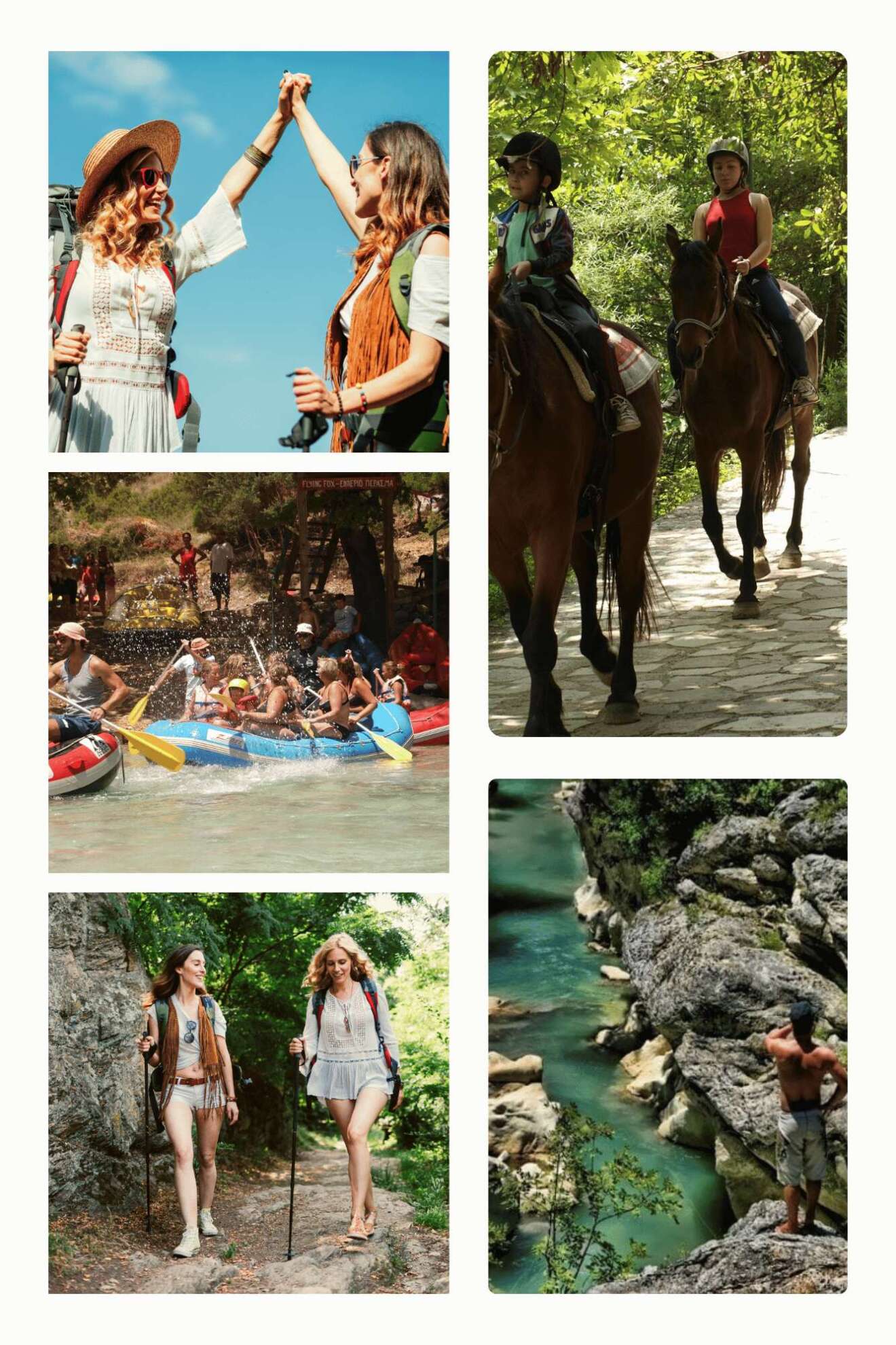 A collage of outdoor adventure images: Top left shows two female hikers high-fiving, top right features two people riding horses, bottom left displays people white-water rafting, and bottom right includes two images, one of women trekking and another of a person standing on a cliff overlooking a river.